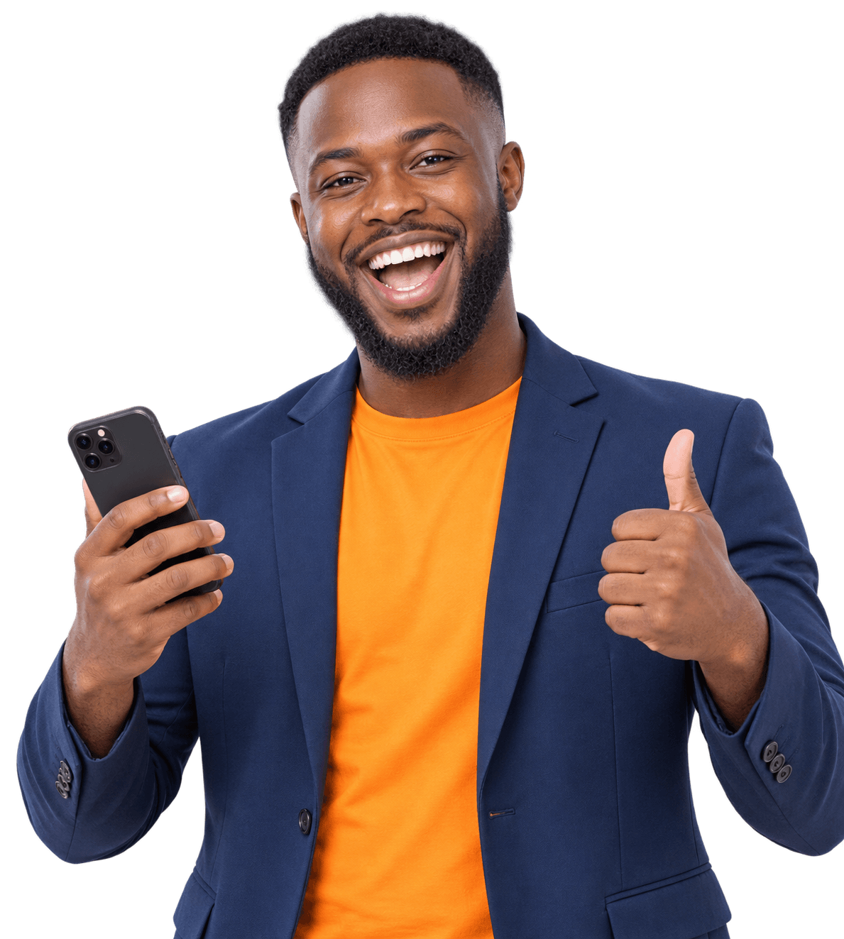 Smiling customer holding a phone and giving a thumbs-up